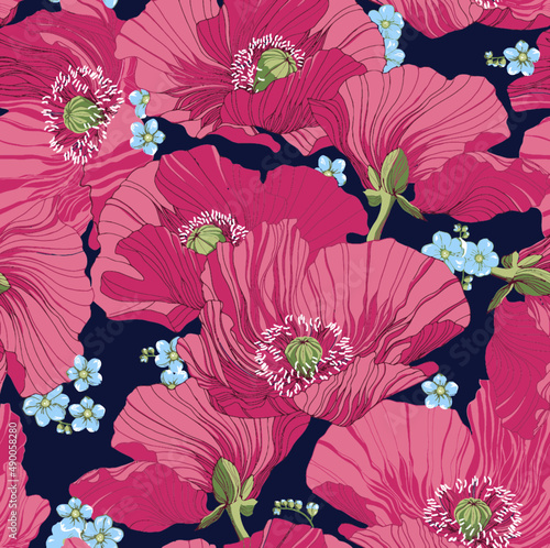 Seamless pattern with poppies and forget-me-not flowers. Beautiful decorative stylized summer flowers.