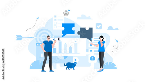 A man and a woman communicate using puzzles. Animation ready duik friendly vector Illustration. Conceptual business story. Puzzle connection, teamwork abstract metaphor, partnership, collaboration.