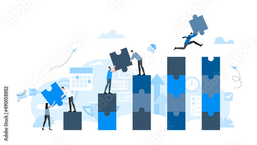 Team working together. Climb to the top of success. Animation ready duik friendly vector Illustration. Conceptual business story. Puzzle connection, teamwork abstract metaphor, business solution.