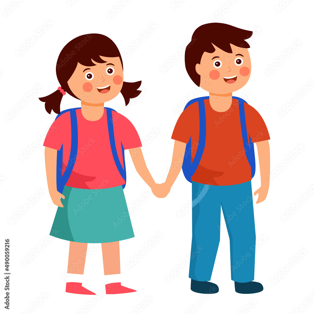 Boy and girl students with school bag in flat design on white background.