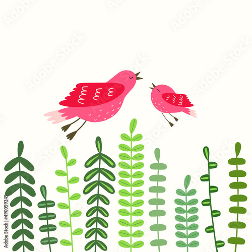 Vector illustration two red-pink birds mom and baby in flight, green plants. Isolation on a white background. Hand drawn. Concept for holidays birthday, mother's day.