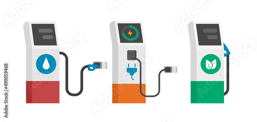 Gas fuel petrol, electric and bio diesel organic refueling stations isolated vector icons, alternative biodiesel chargers tank pump flat cartoon illustration clipart modern design