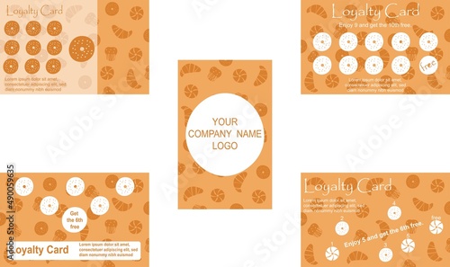 Loyalty card template design to collect stamps for breakfast, bakery, coffee shop. Vectro illustration template. Buy 9 get 10th free. Enjoy 5 and get 6th free