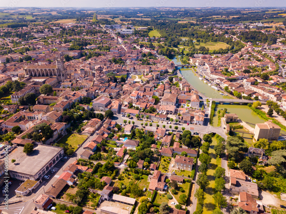Panoramic view from the drone on the city Condom. France