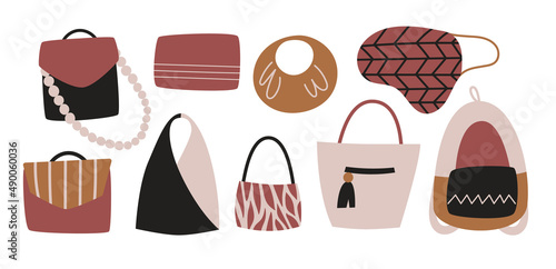 Fashionable trendy female bag types vector set.