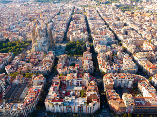Aerial view of cityscape of Barcelona, Eixample district and Sagrada Familia © JackF
