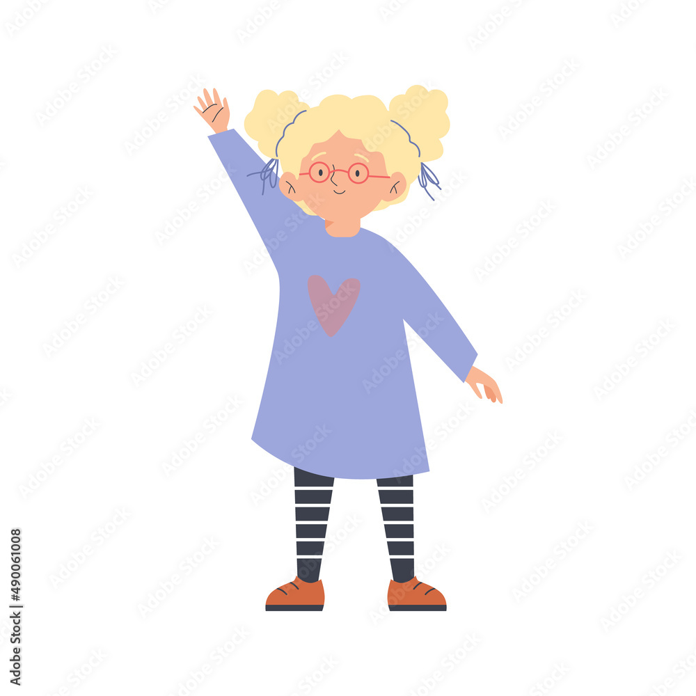 Cute child girl smiling waving hand, flat vector illustration isolated on white.