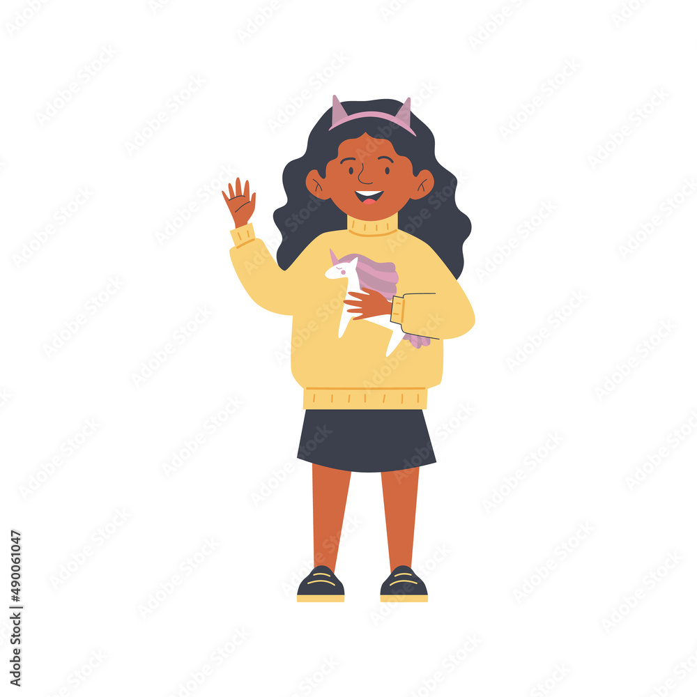 African American kid girl with toy waving hand flat vector illustration isolated.