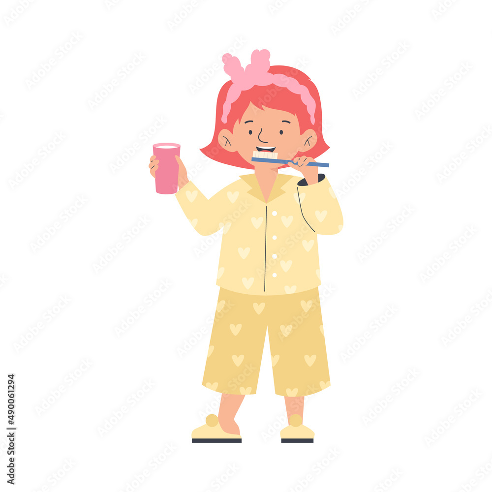 Girl brushing teeth at night or after waking up, vector illustration isolated. Girl brushing teeth at night or after waking up, vector illustration isolated.