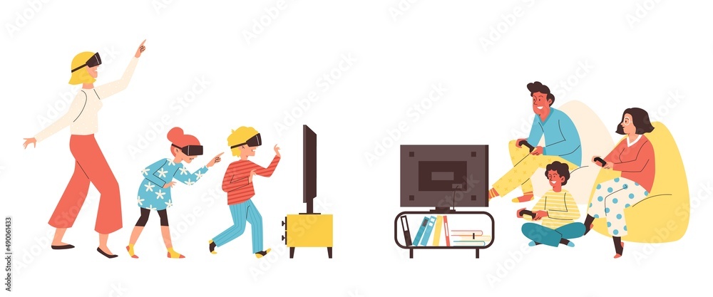 Fototapeta premium Parents and kids playing video games, flat cartoon vector illustration isolated.