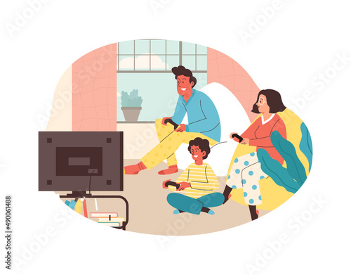 Family playing video game together in the living room, flat vector illustration isolated on white background.