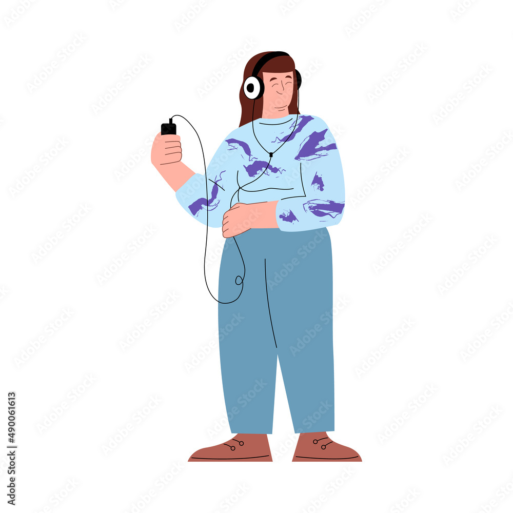 Obraz premium Body positive chubby woman listening music, flat vector illustration isolated.