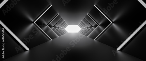 Dark and white light neon podium display stage for a product, Square shape with technology and game concepts, Pedestal for display, Platform for design, 3D rendered black geometric product stand