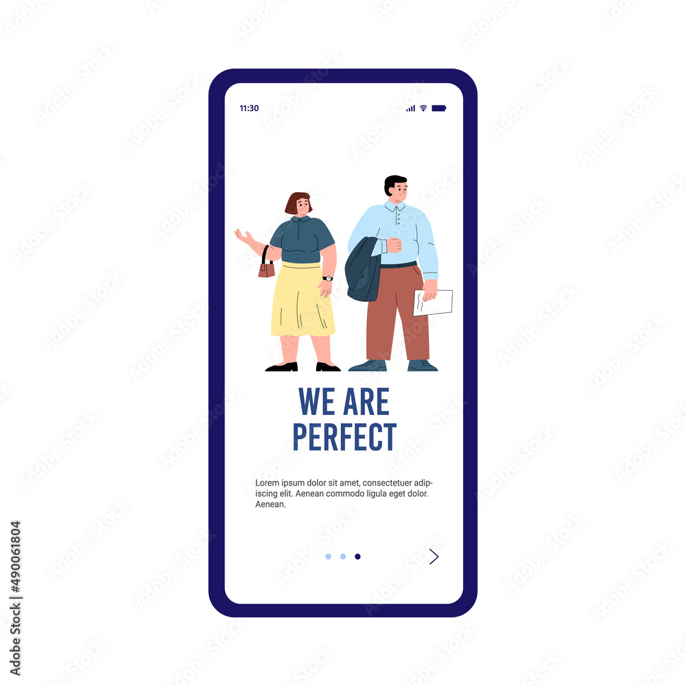Onboarding page with body positive chubby persons flat vector illustration. Onboarding page with body positive chubby persons flat vector illustration.