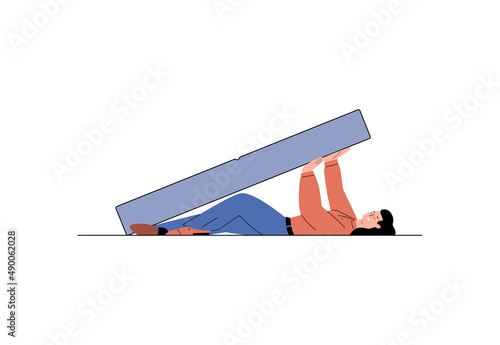 Business woman lies under domino and tries to prevent falling, flat vector illustration isolated on white background