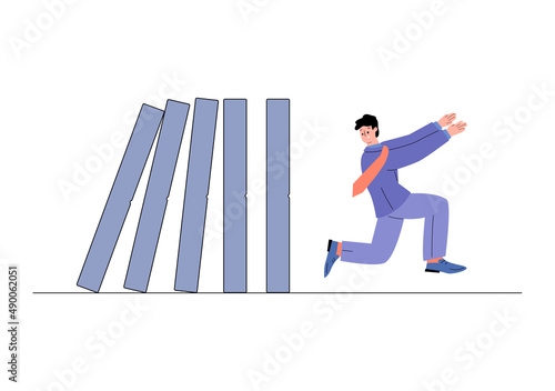 Businessman runs away from falling dominoes flat vector illustration isolated.