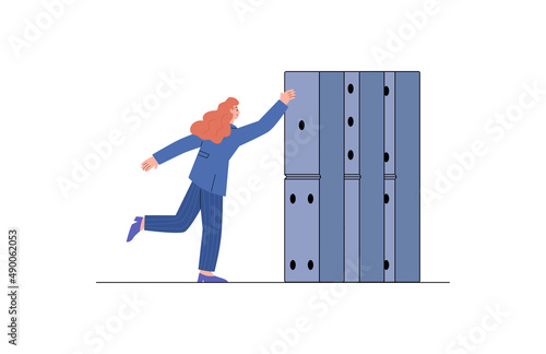 Businesswoman succeeded in domino falling prevention, flat vector illustration isolated on white background.