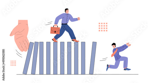 Businessmen flee from falling dominoes flat vector illustration isolated.