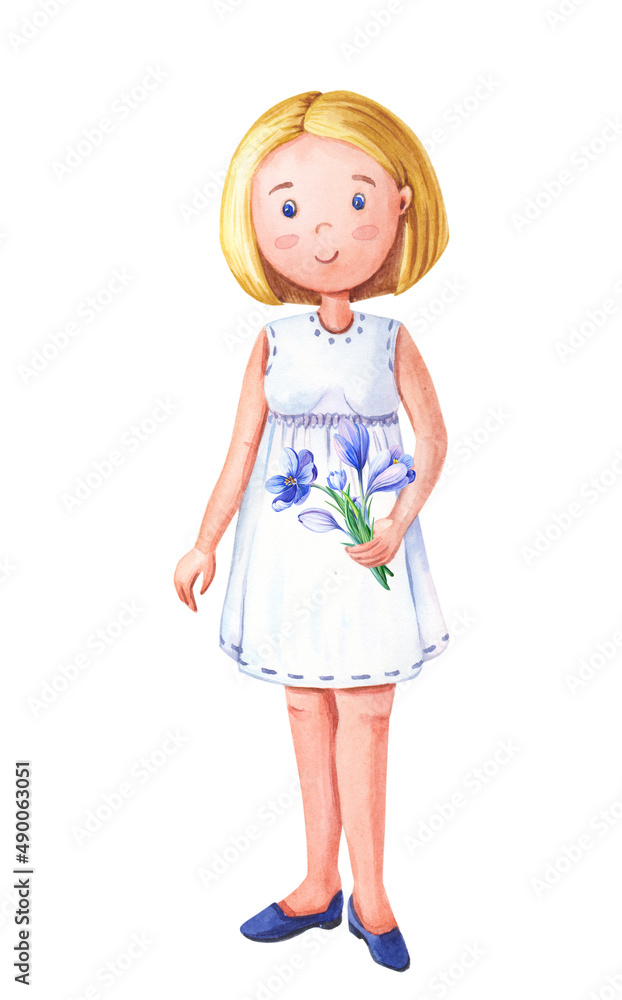 Watercolor girl with blue crocus. Isolated on white background. Spring illustration with woman Watercolor girl with blue crocus. Isolated on white background. Spring illustration with woman