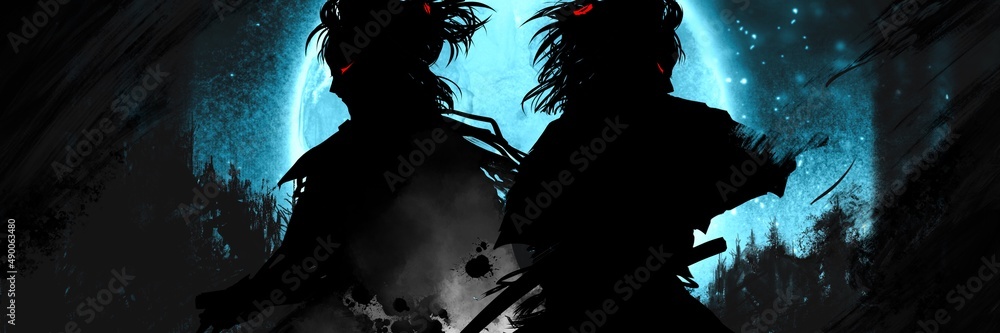 敵軍と戦い殺気走る戦国時代の若侍たちの筆跡残るシルエットイラストと青い満月背景 敵軍と戦い殺気走る戦国時代の若侍たちの筆跡残るシルエットイラストと青い満月背景