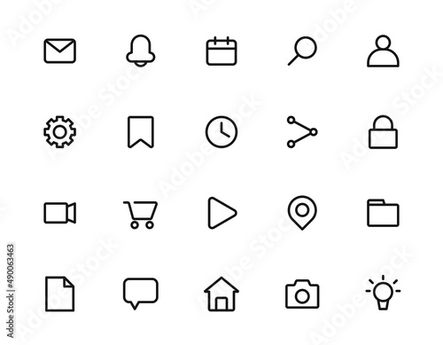 Essential 20 icons set design. Contains such as mail, play, calendar, search, person, camera, and more. Vector illustration Eps 10