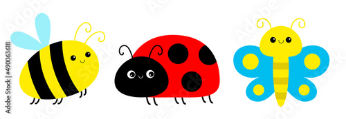 Ladybug ladybird, bee bumblebee, butterfly, lady bug. Insect set line. Cute cartoon funny kawaii baby animal character. Flat design. White background. Isolated.