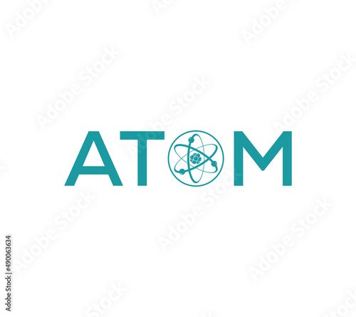 Scientific atom text or wordmark logo design on white background vector illustration.