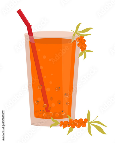 A glass of juice from sea buckthorn berries. Summer drink. Vector illustration in a flat style on a white background.