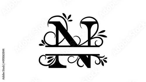  Letter N. Animated logo. Monogram, split letter N. Vintage style, twigs and leaves appear at logo. Letter on transparent background. You can insert a logo on any of your videos. Animation vector