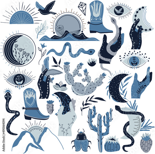 Wild west collection. Cactus, snake, sun, moon, bird, eye, crystal, hand with moon, boot, hand with snake. Mystical boho. Vector illustration.