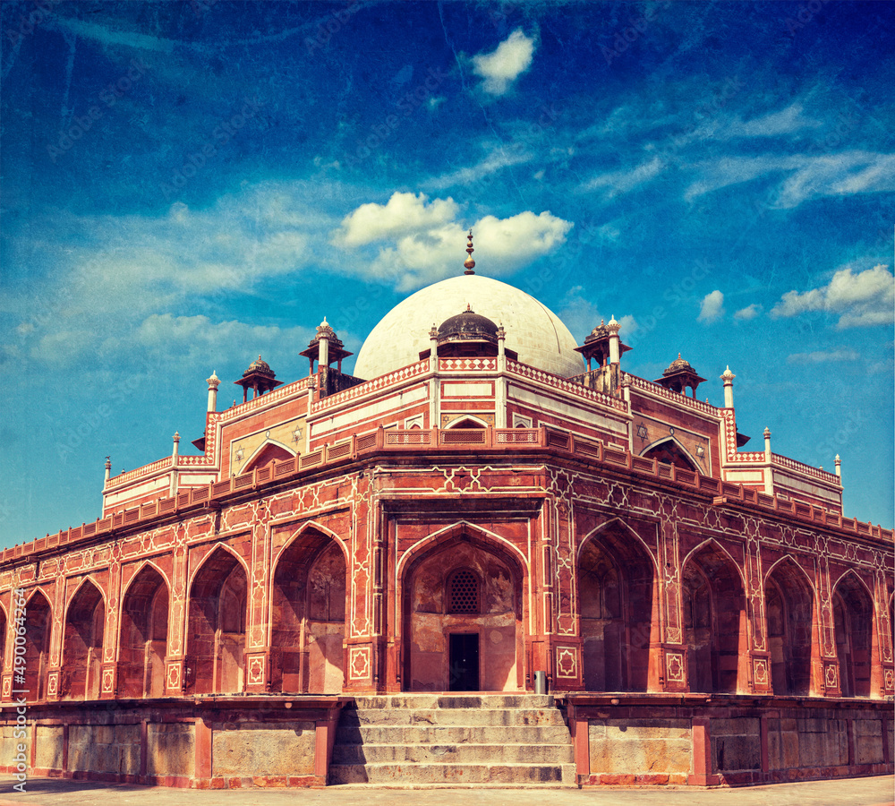 Vintage retro hipster style travel image of Humayun's Tomb with overlaid grunge texture. Delhi, India. UNESCO World Heritage Site