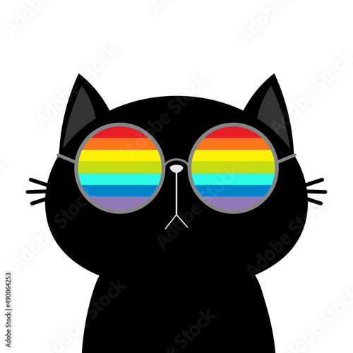 Cat wearing sunglasses eyeglasses. Rainbow lenses. Cute cartoon funny character. Kitten kitty in eyeglasses. Sticker print. Fashion animal. White background. Isolated. Flat design