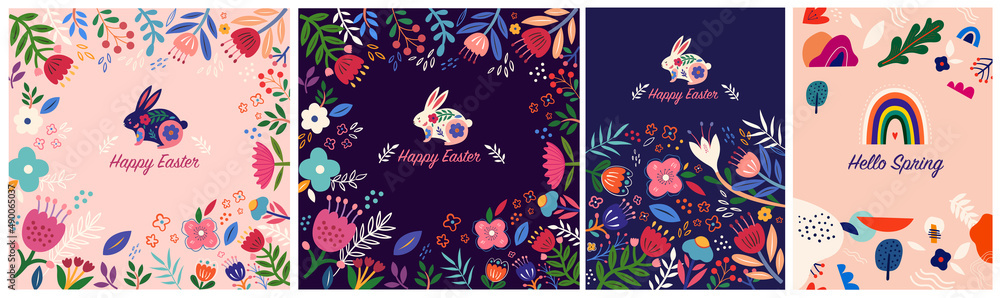 Happy Easter illustrations. Colorful floral illustration with rabbit. Happy easter greeting card with decorative easter bunny	
