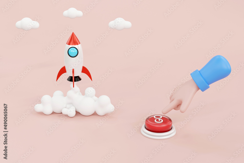 Cartoon hand presses the button and launches a rocket or spacecraft, the concept of a startup Cartoon hand presses the button and launches a rocket or spacecraft, the concept of a startup