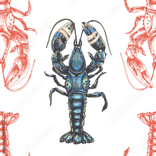 309_lobster_vibrant blue lobster with ribbons on claws, red graphic seamless pattern