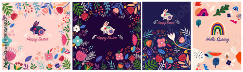 Happy Easter illustrations. Colorful floral illustration with rabbit. Happy easter greeting card with decorative easter bunny	