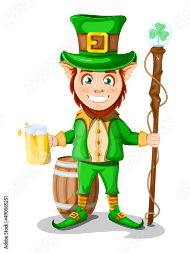 Cheerful and happy leprechaun with a mug of beer and a cane with a clover in his hands, behind a barrel
