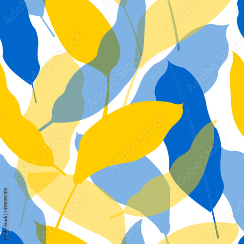 Tropical leaves are blue and yellow, translucent. Seamless cute pattern for textile and paper products. 