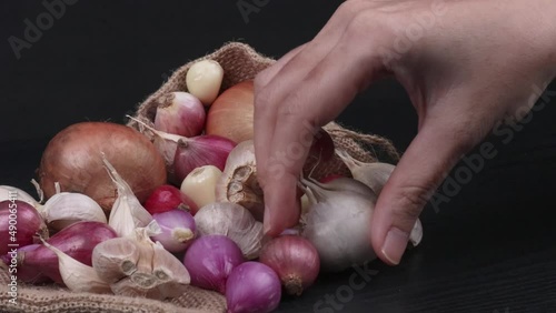 a hand carefuly picking a compound bulb of garlic photo