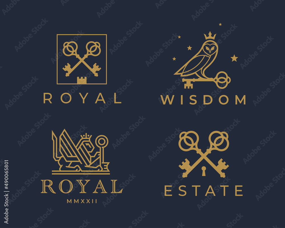 Royal key logos. Luxury real estate brand icon set. Elegant gold