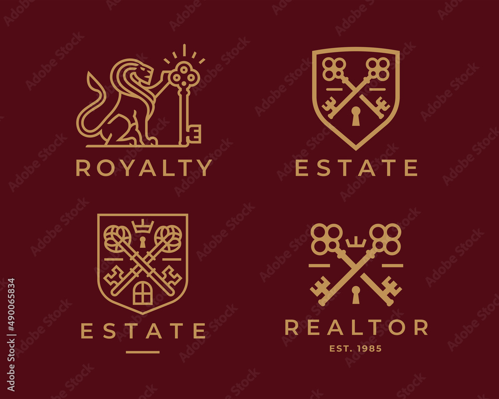 Royal key logos. Luxury real estate brand icon set. Elegant gold property keys symbol collection. Premium golden design element illustration vector pack. Royal key logos. Luxury real estate brand icon set. Elegant gold property keys symbol collection. Premium golden design element illustration vector pack.