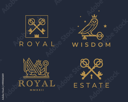Royal key logos. Luxury real estate brand icon set. Elegant gold property keys symbol collection. Premium golden design element illustration vector pack.