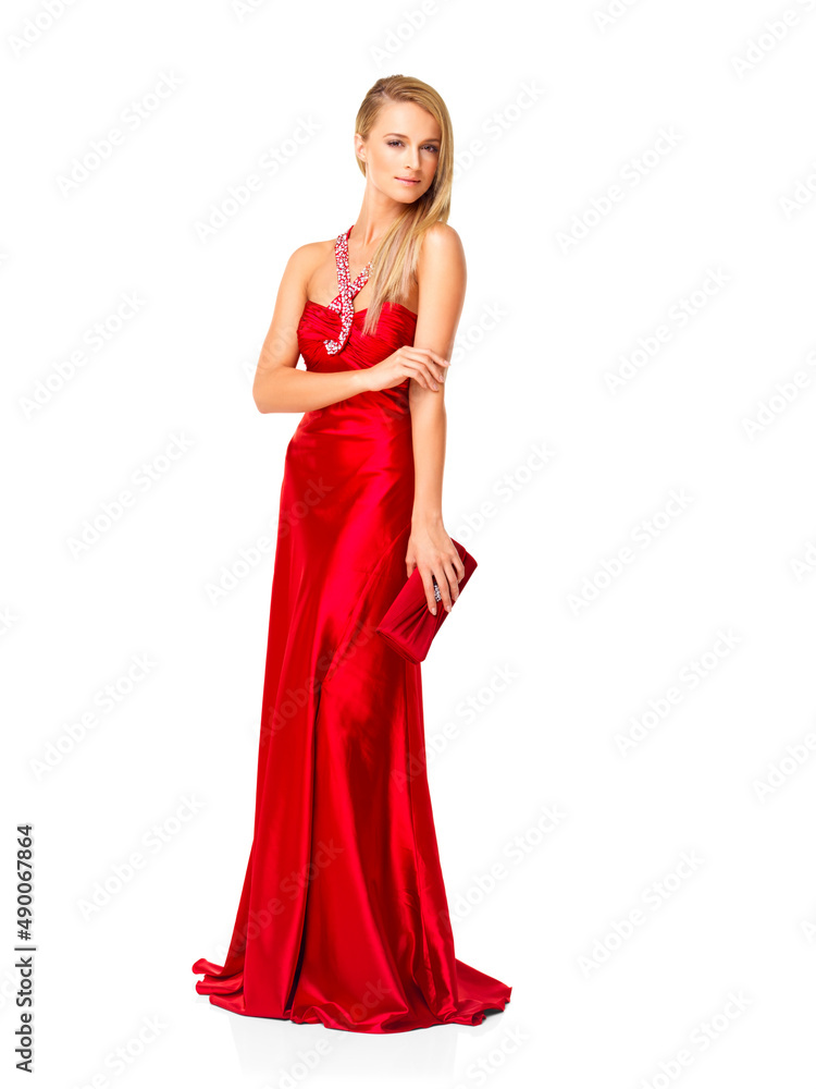 Beautiful woman in a red dress posing on a white background. Full length portrait of beautiful woman in a red dress posing on a white background. Beautiful woman in a red dress posing on a white background. Full length portrait of beautiful woman in a red dress posing on a white background.