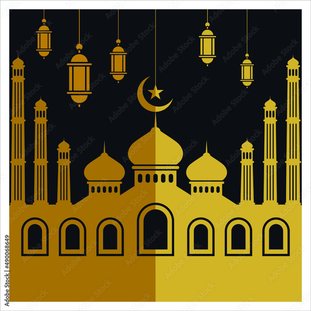 Islamic square background with silhouette of mosque and lantern illustration in gold color