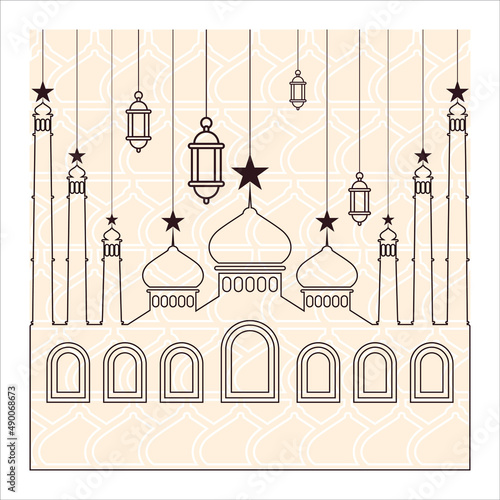 Islamic square background with line art mosque and lantern illustration
