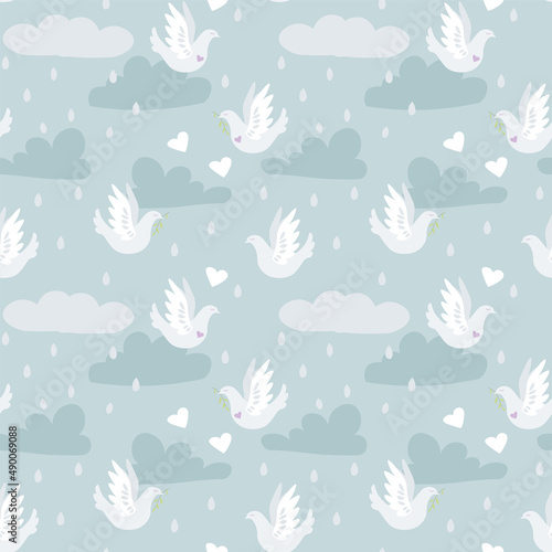  Seamless pattern with doves in the sky. Stock vector image.