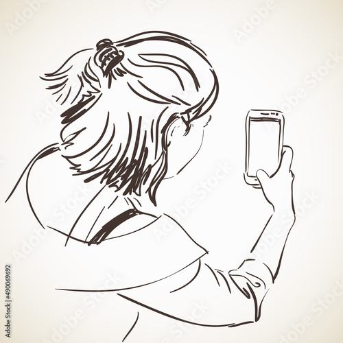 Woman taking photo with smartphone, Hand drawn illustration, Vector sketch