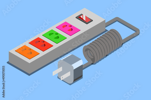 Isometric electric socket plug, Multiple socket with connected plugs.vector illustration