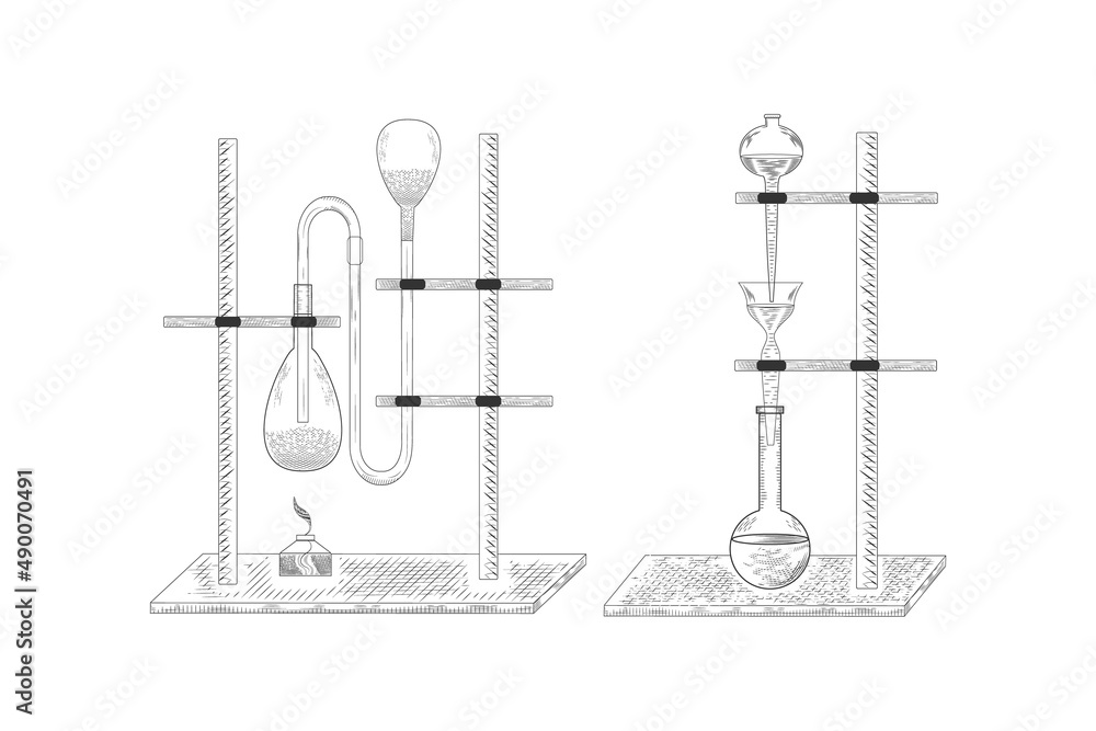 Sketch of a physics or chemical laboratory experiment and equipment. Vector pharmaceutical glass flasks, beakers and test tubes in old engraving style. Sketch of a physics or chemical laboratory experiment and equipment. Vector pharmaceutical glass flasks, beakers and test tubes in old engraving style.