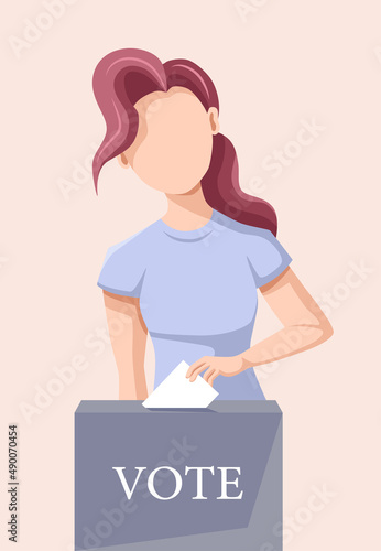 The girl voter lowers the ballot into the ballot box. Everyone votes. The concept of the election campaign, political elections, voting. The girl votes for or against the candidate.